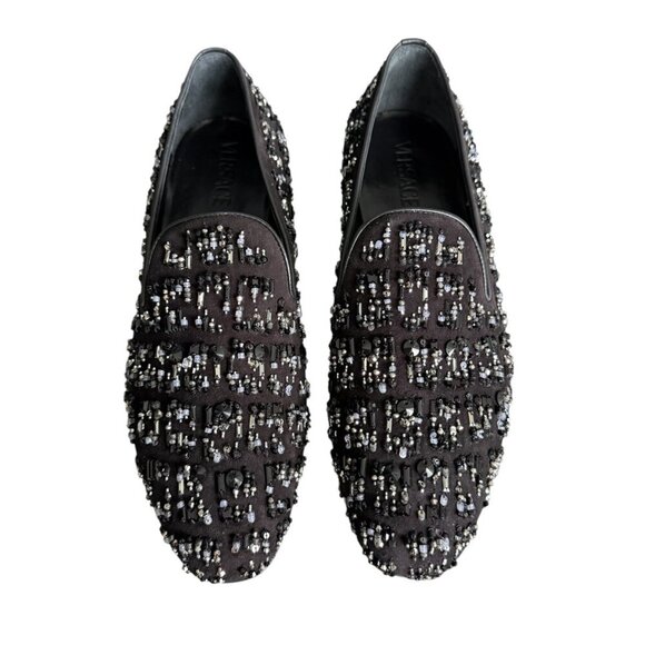 Versace 1003792 Men's Black leather/suede loafer/slipper w/ embellished beading - Picture 1 of 16